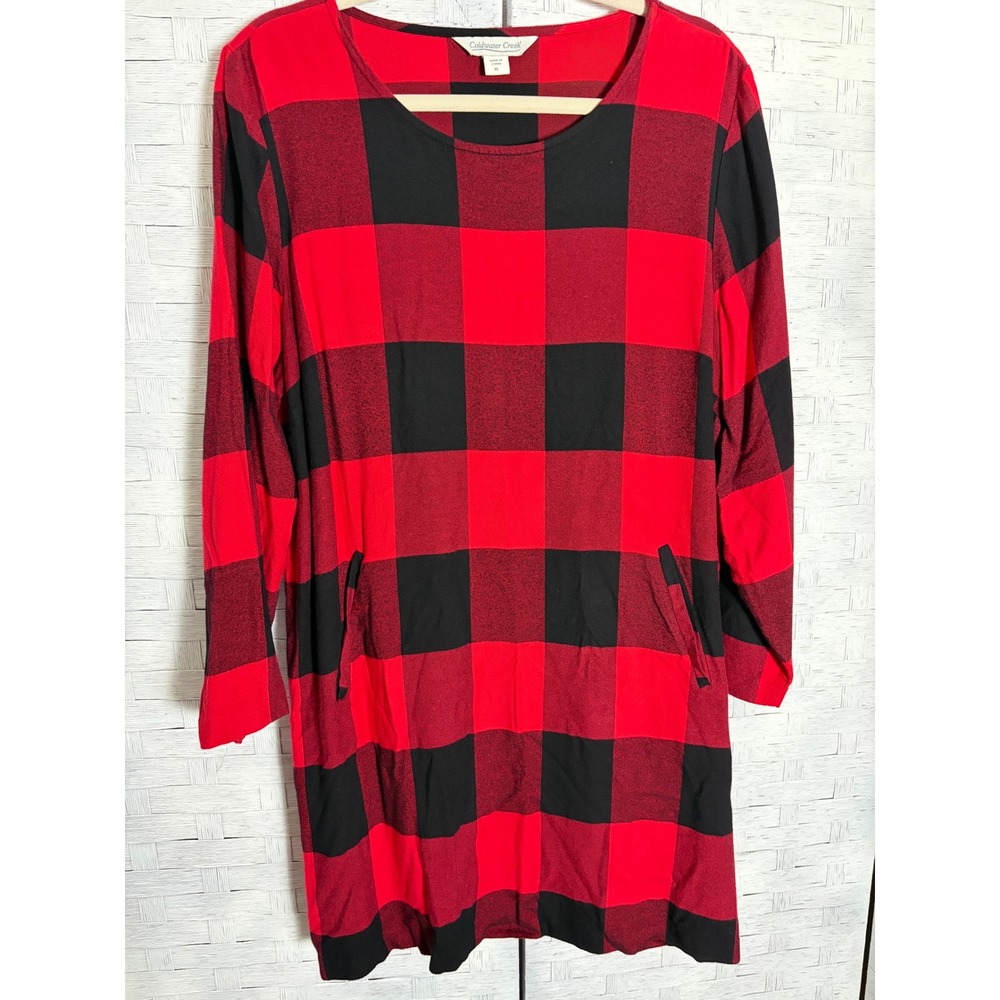 Coldwater Creek Women's Dress Tunic Buffalo Plaid Red‎ Black Long Sleeve Pockets